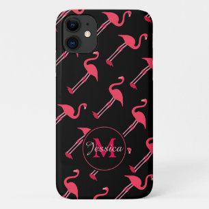 Capa Para iPhone 11 Flamingos rosa em preto personalizado