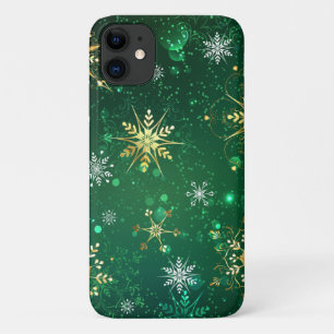 Capa Para iPhone 11 Flocos de neve do Ouro Xmas em fundo verde