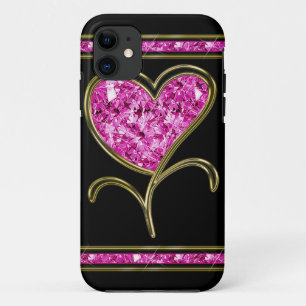 Capa Para iPhone 11 Flor cor-de-rosa & Dourado do diamante do coraçã