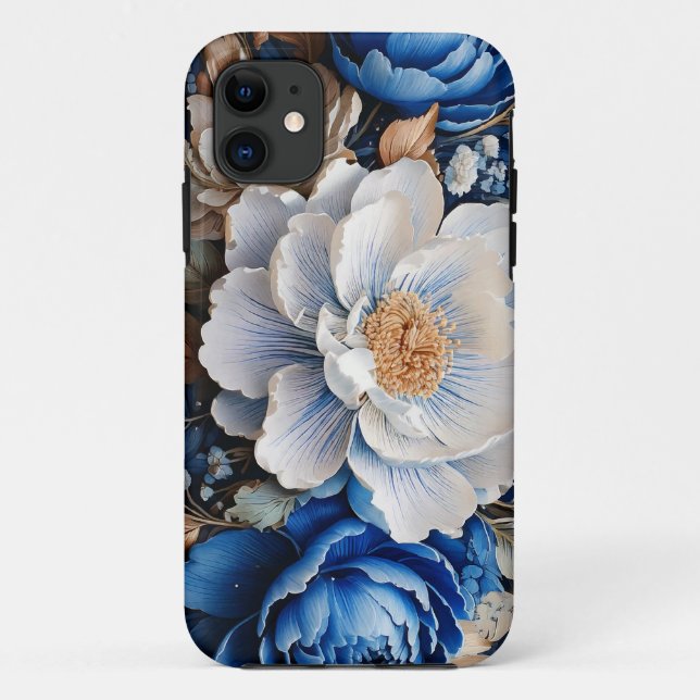 Capa Para iPhone 11 Flor de Aquarelas em Flores Azuis e Brancas, (Verso)