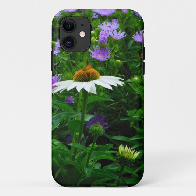 Capa Para iPhone 11 Flor de Cone branca, flores roxas e mariposas (Verso)