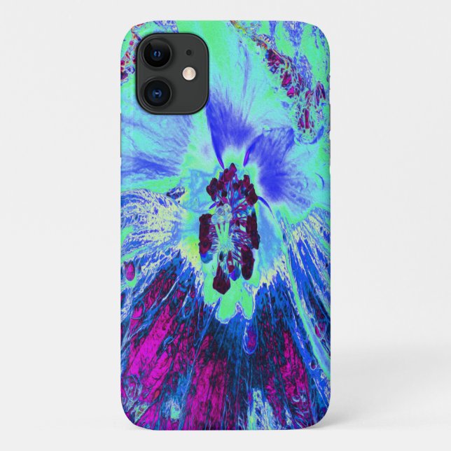 Capa Para iPhone 11 Flor de Hibisco Azul e Verde Retroativo Psicodélic (Verso)