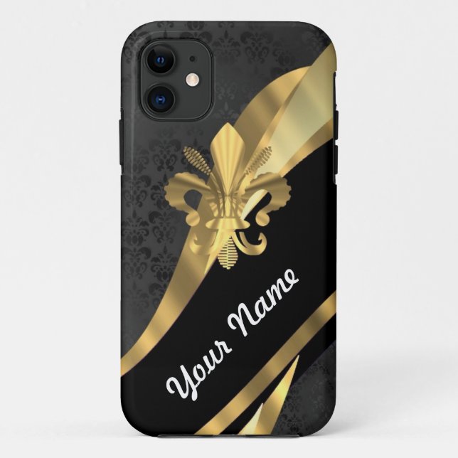Capa Para iPhone 11 Flor de lis Dourado no preto (Verso)
