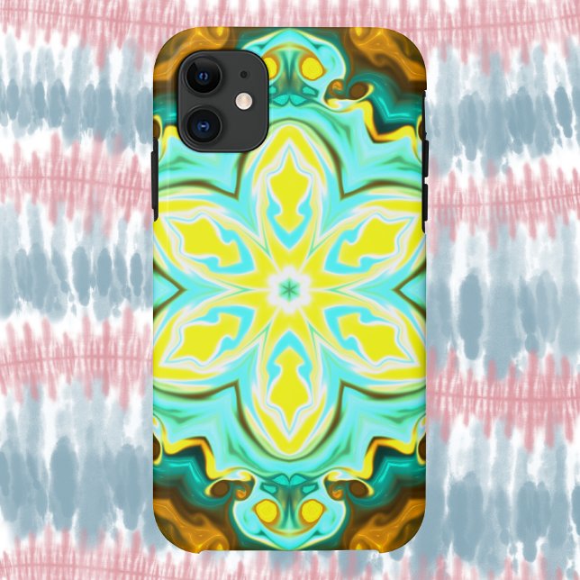 Capa Para iPhone 11 Flor de Mandala Psicodélico Teal e Amarelo (Criador carregado)