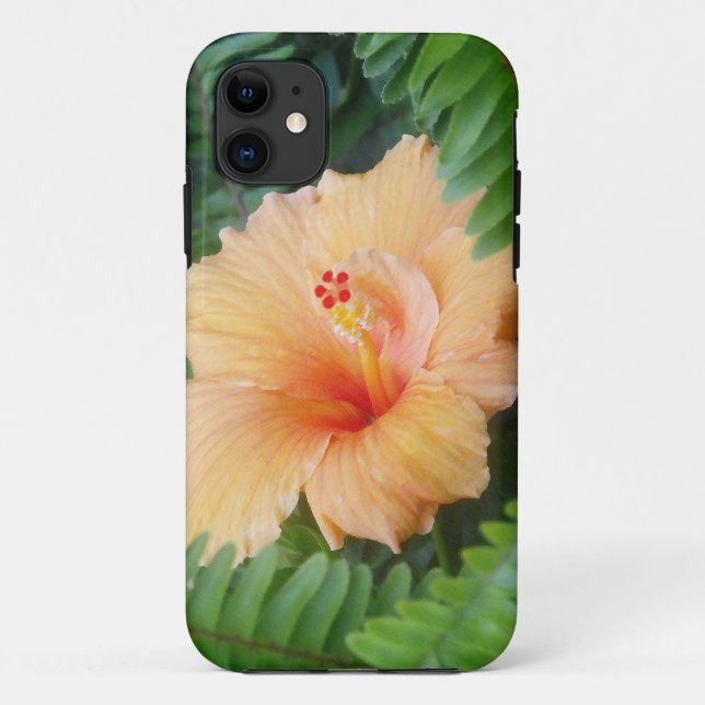 Capa Para iPhone 11 Flor Laranja Hibiscus com Ferns (Verso)
