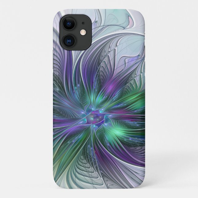 Capa Para iPhone 11 Flor Moderna Abstrata Fractal Roxa Verde (Verso)
