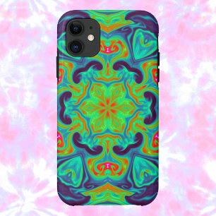 Capa Para iPhone 11 Flor Verde Azul e Vermelho, Flor Mandala Psicodéli