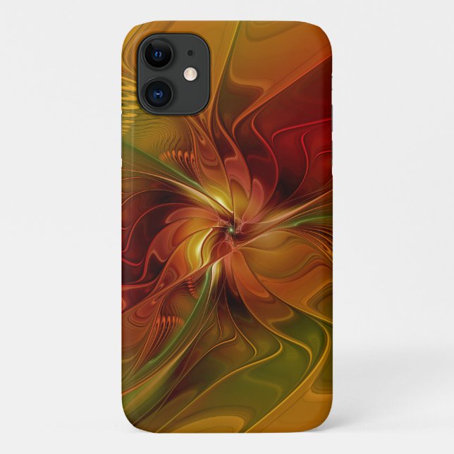 Capa Para iPhone 11 Flor verde-laranja-abstrato Vermelho Castanho-Cast (Verso)