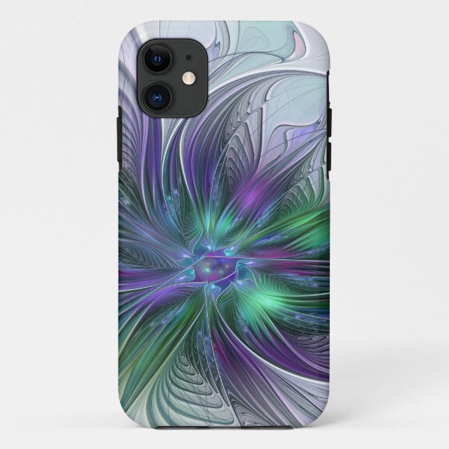 Capa Para iPhone 11 Flor Verde Roxo Moderna Abstrato de Arte Fractal (Verso)