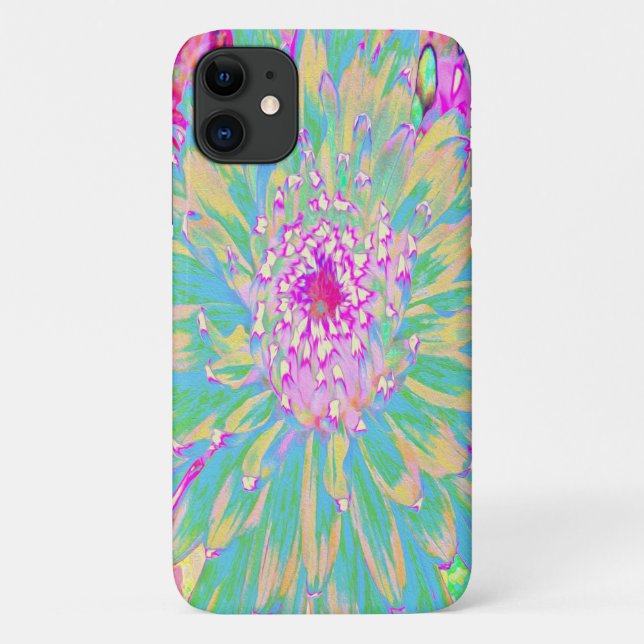 Capa Para iPhone 11 Flor Verde-Teal-Quente e Dália Rosa-Quente (Verso)