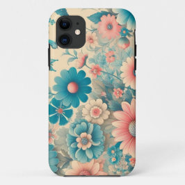 Capa Para iPhone 11 Florais Azuis e Rosa, prados e médios, da década d