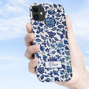 Capa Para iPhone 11 Floral Branco e Azul-Chic Exótico Personalizado