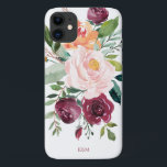 Capa Para iPhone 11 Floral de Aquarela Russa com Monograma<br><div class="desc">Lindamente feminina com charme rústico, este design floral rústico apresenta um buquê de rosas de aquarelas, flores misturadas e verde em um esquema de cores de tendência de laranja, rosa e rachado com verde rasteiro. Um modelo de texto é incluído para personalizar este design com as iniciais, o nome ou...</div>