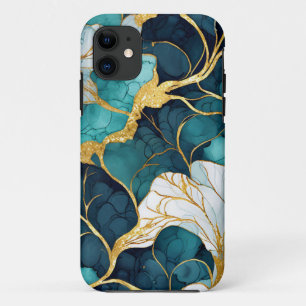Capa Para iPhone 11 Floral Japonês Verde Água Dourado