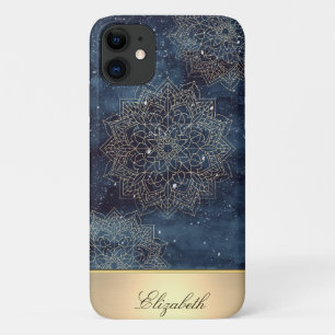 Capa Para iPhone 11 Floral Mandala Dourado Legal, Azul Marinho