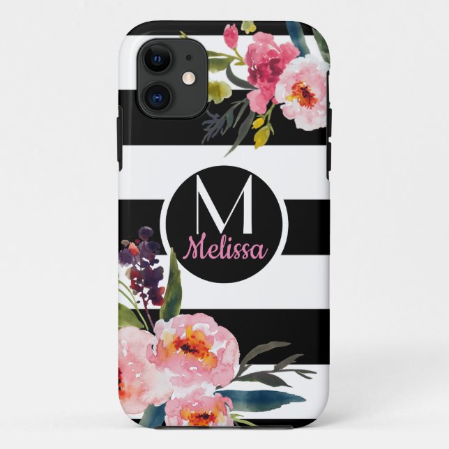 Capa Para iPhone 11 Floral - Monograma de Strips Pretas e Brancas (Verso)