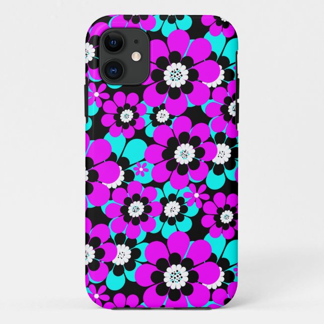 Capa Para iPhone 11 Floral Neon Patterno Roxo e Flores Turquesas (Verso)