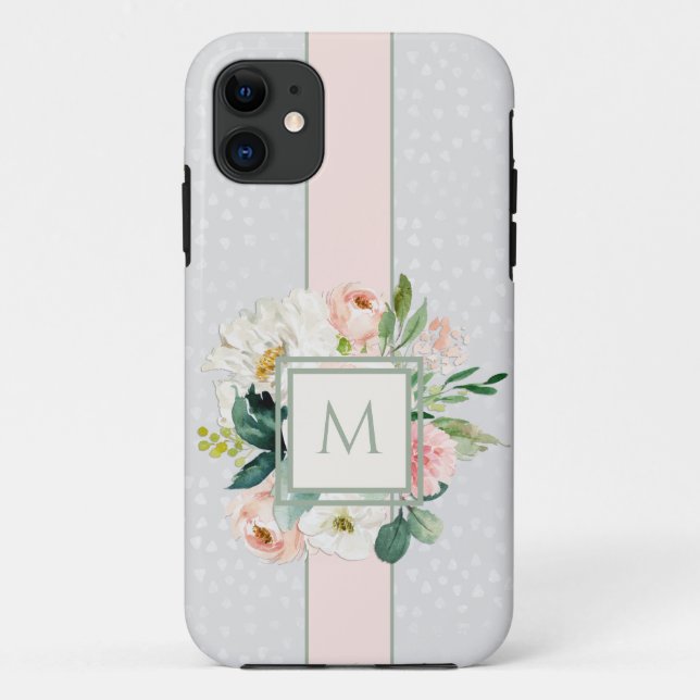 Capa Para iPhone 11 Floral Rosa Esbranquiçado Feminina com o Seu Monog (Verso)