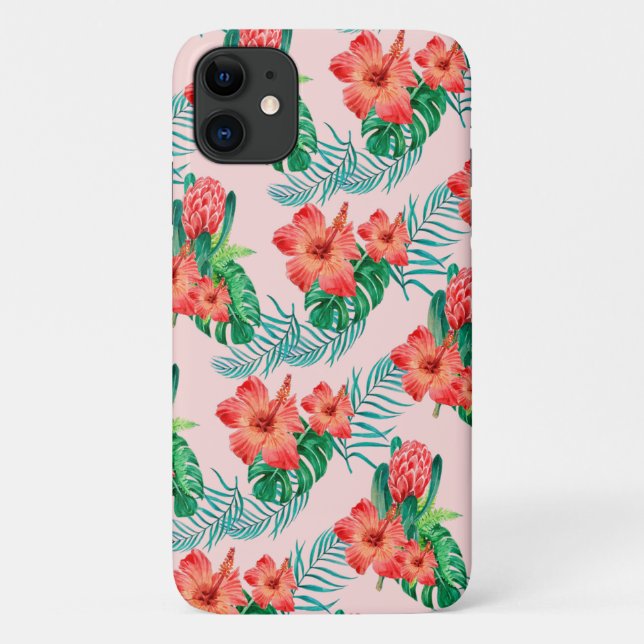 Capa Para iPhone 11 Floral Tropical Vermelho a Rosa Bebê (Verso)