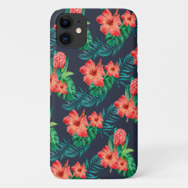 Capa Para iPhone 11 Floral Tropical Vermelho no Marinho