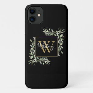 Capa Para iPhone 11 Floral Verde Personalizado com Monograma em Ouro P