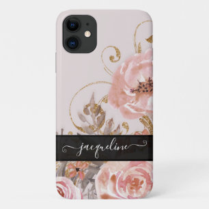 Capa Para iPhone 11 Floral Vintage Rosa Dourado Elegante Elegante Pret