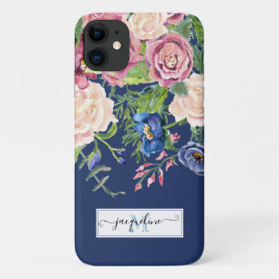 Capa Para iPhone 11 Floral Watercolor Naval Azul Borgonha Elegante