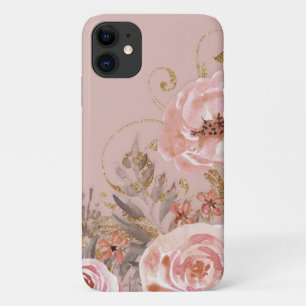 Capa Para iPhone 11 Floral Watercolor Rosa Vintage Elegante Dourado ro