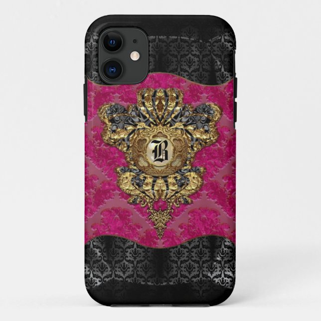 Capa Para iPhone 11 Florendyne Elegant Damask Monograma (Verso)