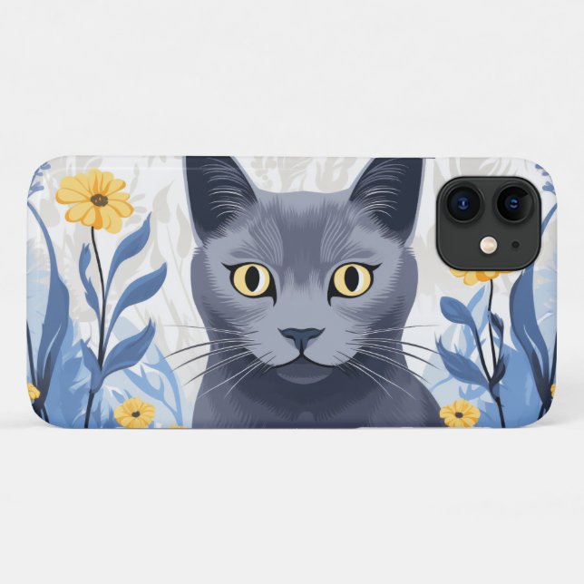 Capa Para iPhone 11 Flores Amarelas do Gato Azul Russo (Verso (horizontal))