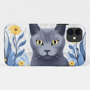 Capa Para iPhone 11 Flores Amarelas do Gato Azul Russo