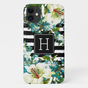 Capa Para iPhone 11 Flores Azuis e Brancas Elegantes com Monograma