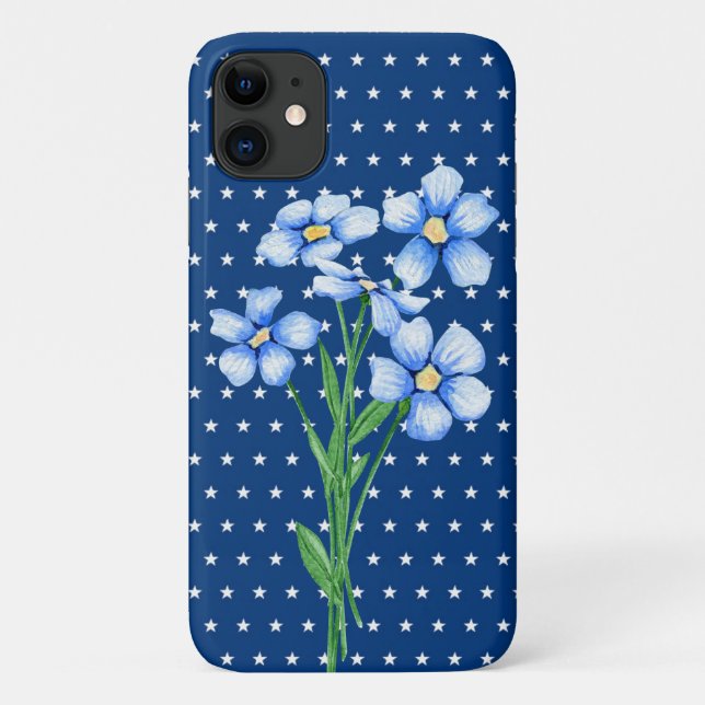 Capa Para iPhone 11 flores azuis em estrelas brancas (Verso)
