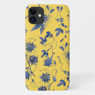 Capa Para iPhone 11 Flores Azuis no Padrão Floral Amarelo da Mostarda