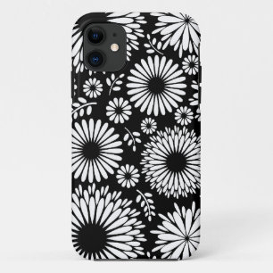 Capa Para iPhone 11 Flores boho Padrão floral vetorial preto e branco