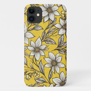 Capa Para iPhone 11 Flores Brancas Artísticas em Fundo Amarelo