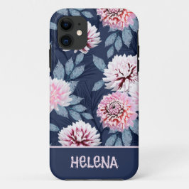 Capa Para iPhone 11 Flores brancas e cor-de-rosa em azul escuro.