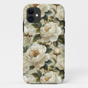 Capa Para iPhone 11 Flores brancas sobre fundo creme.