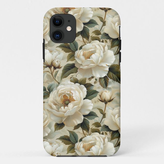 Capa Para iPhone 11 Flores brancas sobre fundo creme. (Verso)
