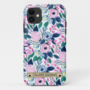 Capa Para iPhone 11 Flores cor-de-rosa doce, Marinho Dourado de aquare