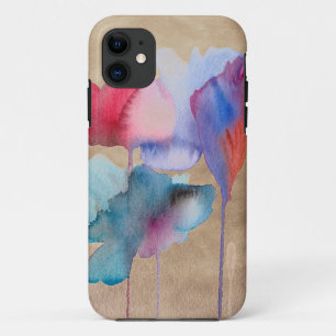 Capa Para iPhone 11 Flores de aquarela modernas, azul floral e vermelh