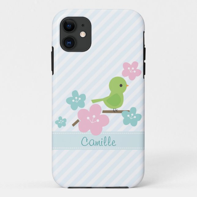 Capa Para iPhone 11 Flores de Aves Verdes e Cerejas (Verso)