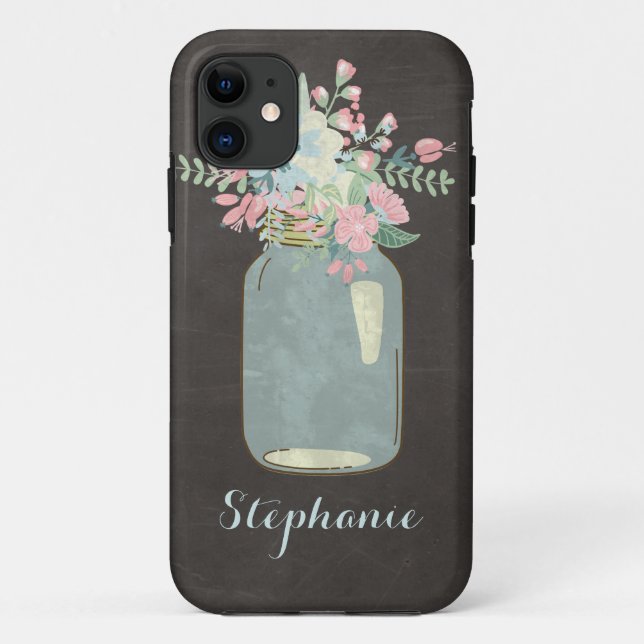 Capa Para iPhone 11 Flores de Chalkboard Rustic Mason Jar Modern Flora (Verso)