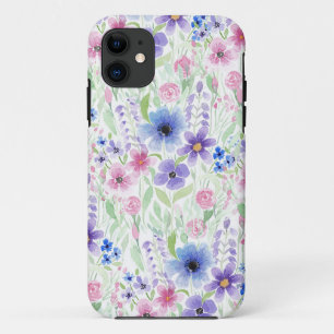 Capa Para iPhone 11 Flores De Cores De Água Púrpura, Cor-De-Rosa Do Pa