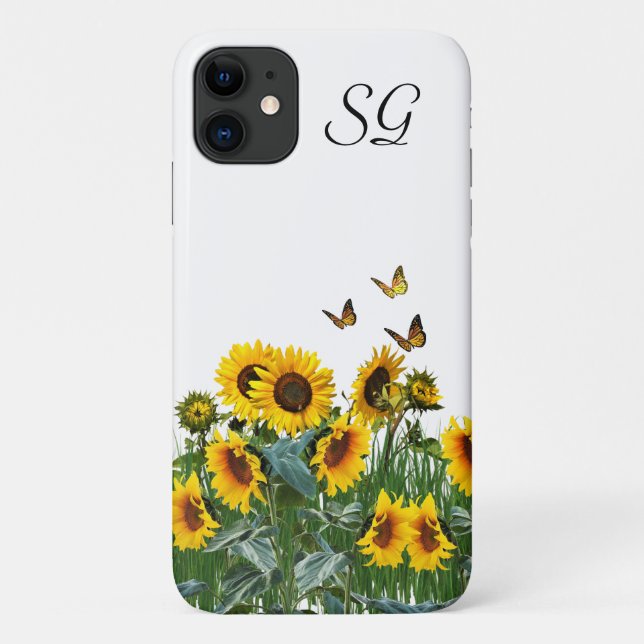 Capa Para iPhone 11 Flores de Girassóis e Borboletas com Monograma  (Verso)