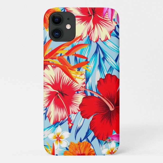 Capa Para iPhone 11 Flores de hibisco tropical azuis (Verso)