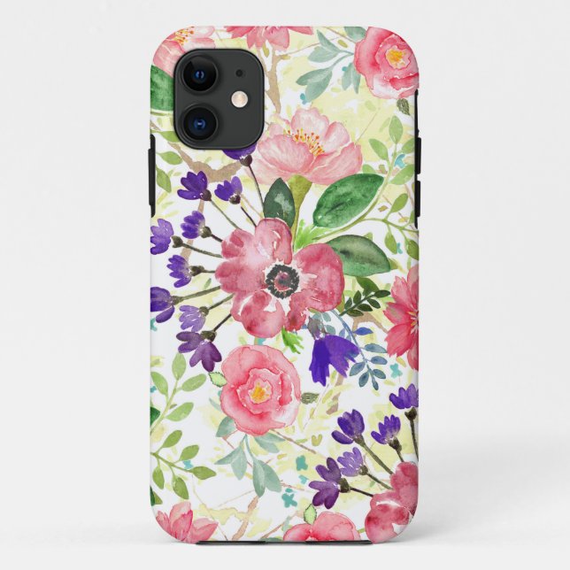 Capa Para iPhone 11 Flores de jardim de aquarelas (Verso)