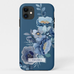 Capa Para iPhone 11 Flores de marinho   Nome Personalizado Azul