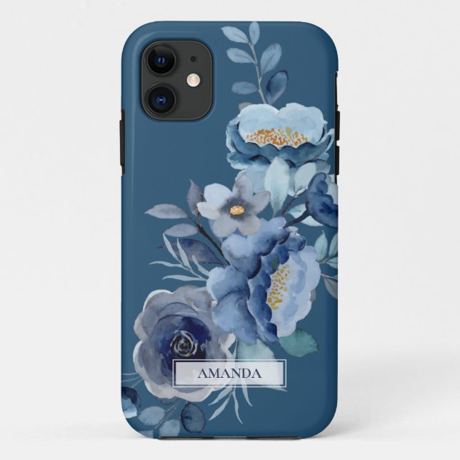 Capa Para iPhone 11 Flores de marinho | Nome Personalizado Azul (Verso)