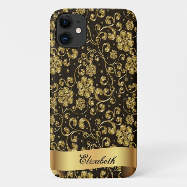 Capa Para iPhone 11 Flores de Ouro Elegantes, Preto - Personalizado (Verso)